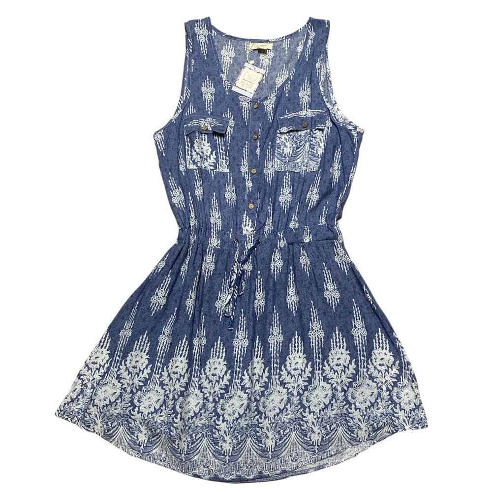 Be Beach By Exist Sleeveless Dress Women’s L Blue Floral Casual Button Up Mini